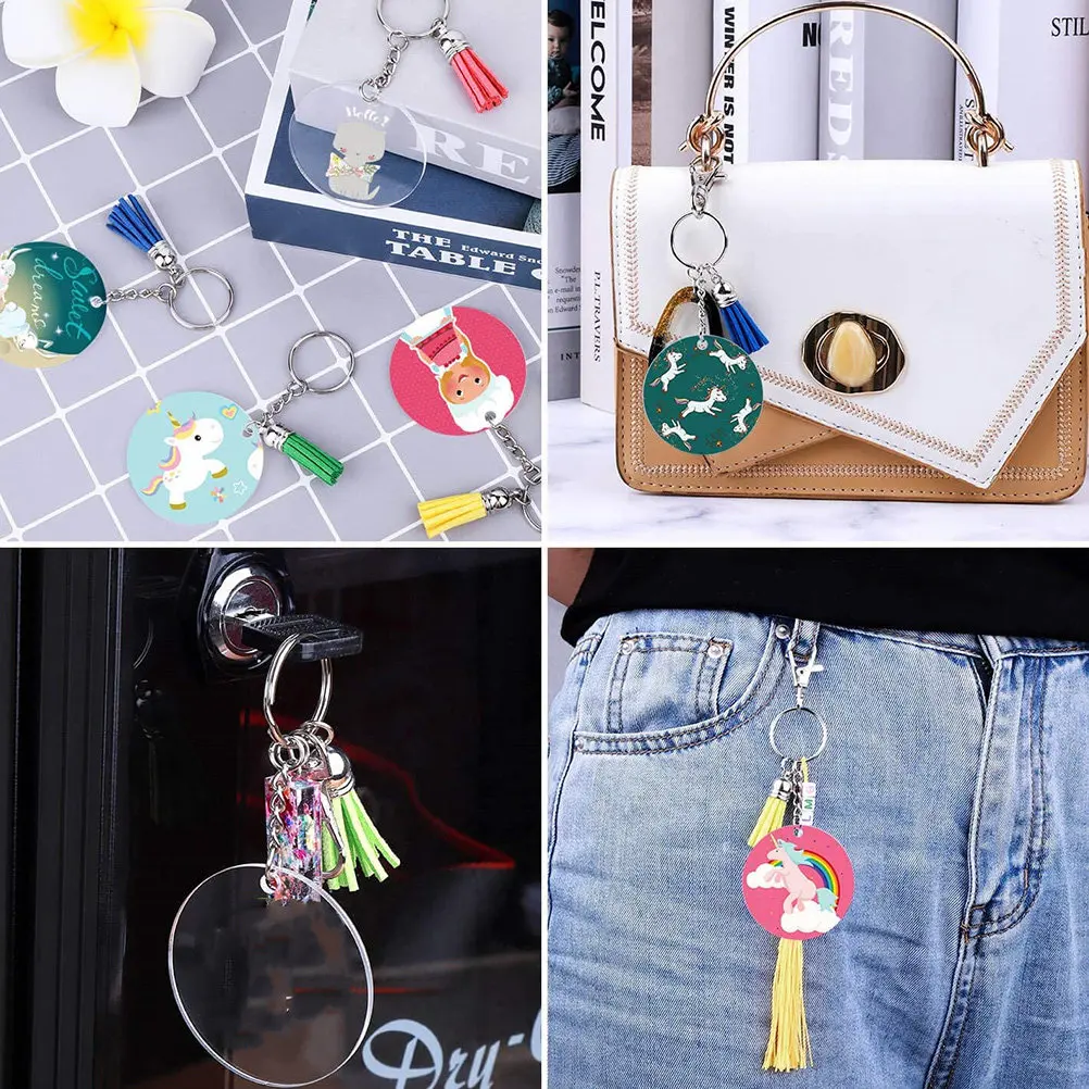 

1Set DIY Tassel Keychain Kit Premium Acrylic Circle Discs Smooth Edges Clear Scratch Resistant with Key Rings Tassels for Keys