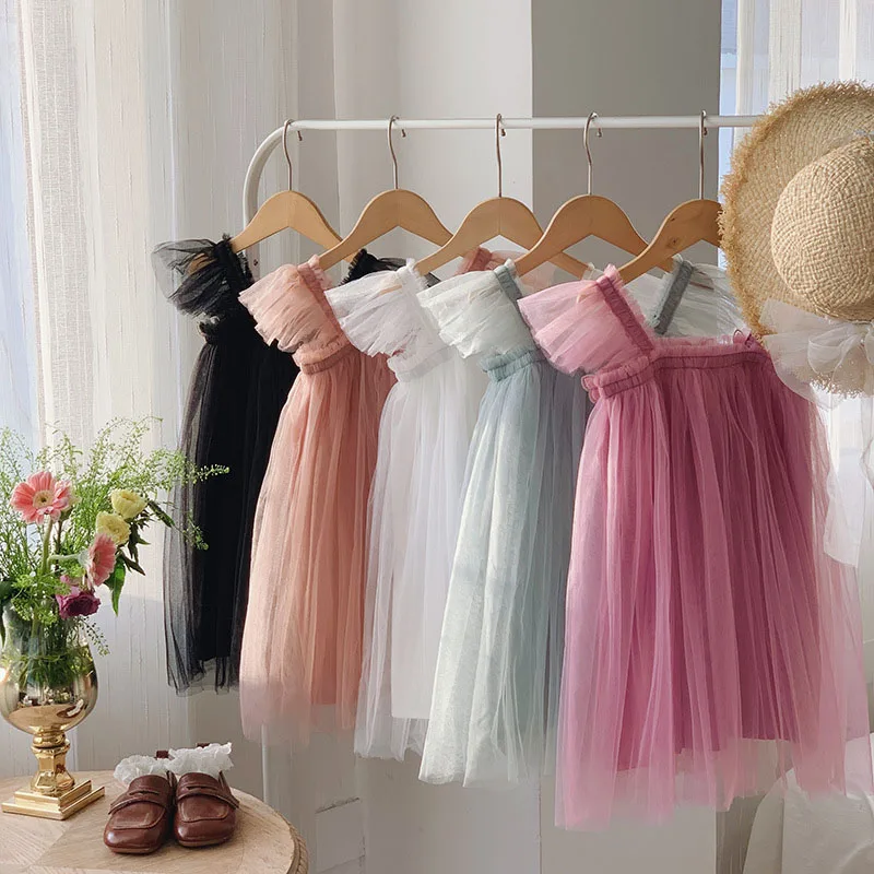 MILANCEL New Summer Kids Sweet Mesh Dress Girls 5 Colors Suspended 3D Butterfly Skirt Children Tutu Princess Dress