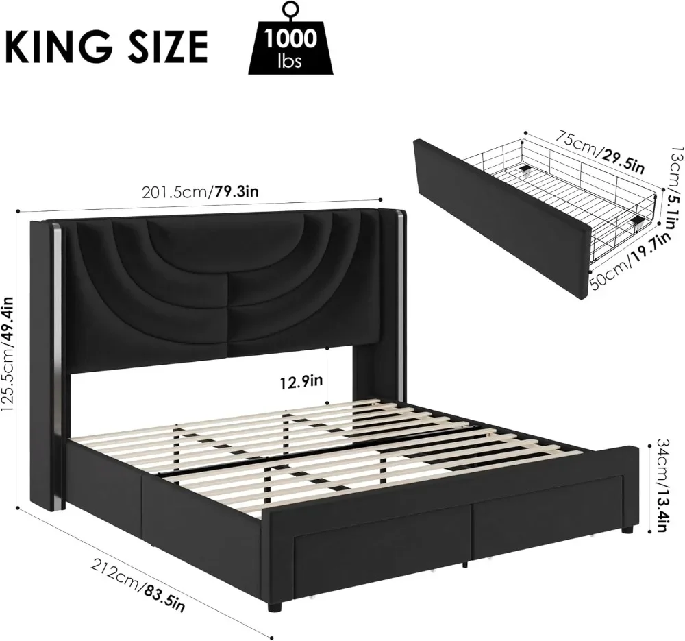 King-Estofados LED Cama Quadro, 2 Gavetas De Armazenamento, Plataforma De Veludo, Wingback Cabeceira, Sólida Suporte De Slats De Madeira