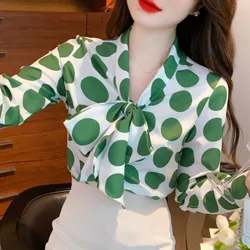 Women Clothing Fashion Casual V-Neck Chiffon Top Spring Autumn Bow Tie Strap Design Blouse Lady Loose Simplicity Polka Dot Shirt