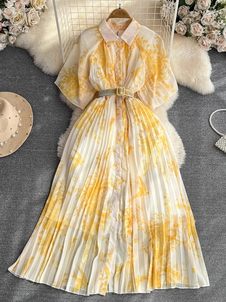 Nieuwe Temperament Afdrukken Gewaad Femme Single Breasted Vintage A-lijn Jurken 2025, Vestidos De Mujer Slanke Taille Riem Geplooide Jurk