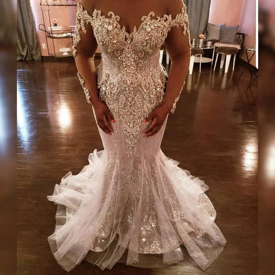 Personalizado colher pescoço sereia cristais pesados contas vestido de casamento ilusão mangas compridas plus size rendas apliques vestidos de noiva