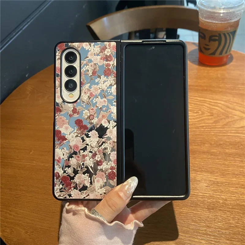 Flower Mirror Surface Phone Case for Samsung Galaxy Z Fold 6 5 4 3 2 Protective Back Cover for ZFold4 ZFold5 ZFold6 Case