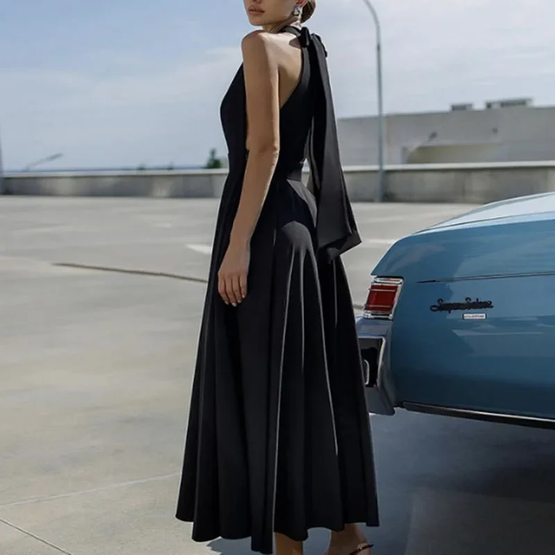 Frühling Sexy Feste Hohe Taille Saum Lange Kleid Frau Elegante Halter Spitze-up Bogen Party Kleider Sommer Ärmelloses Backless boho Kleid