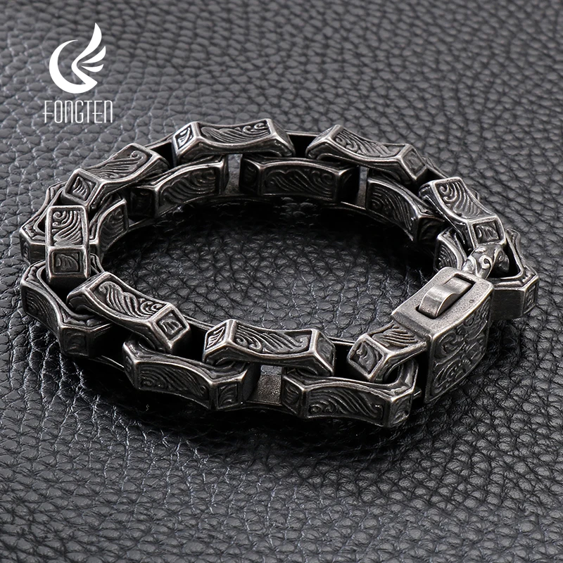 Fongten Engraving Square Charm Bracelet For Men Stainless Steel Box Chain Bracelet Bangle Man Ancient Silver Color Jewelry