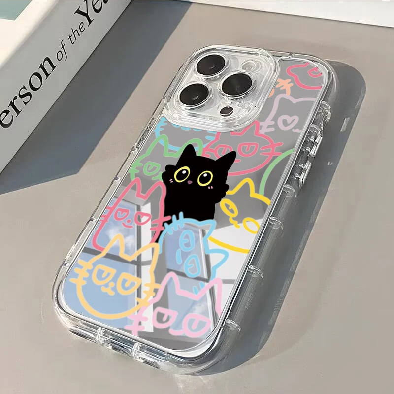 

Cute Cartoon Cat Pattern Back Mirror Phone Case For iPhone 17 Case For iPhone 11 12 14 15 16 Pro Max XR XS 7 8 Plus 13 16E Cover