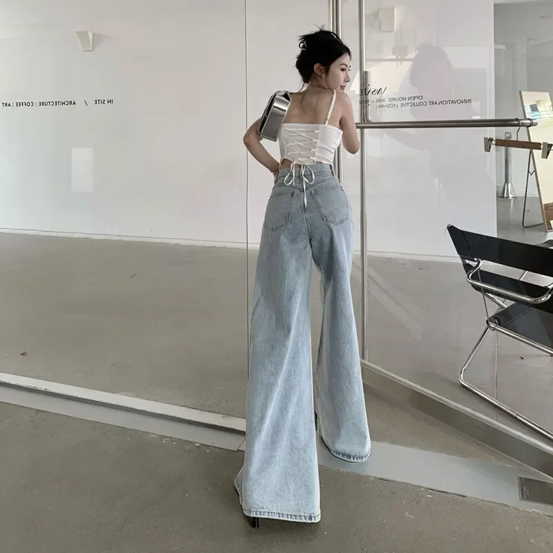 جينز نسائي واسع الساق كوري عالي الخصر فضفاض ملابس الشارع الشهير من قماش الدنيم سروال نسائي غير رسمي بسيط بمزاج فضفاض بنطلون نسائي