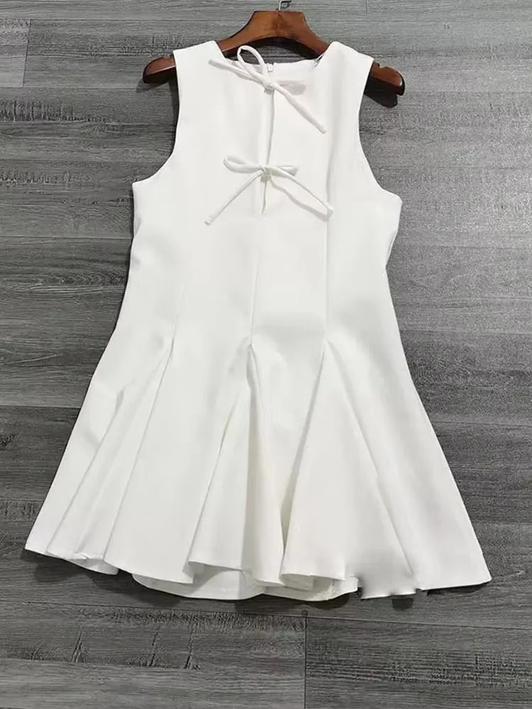 Women's Summer Fashion With Bow Casual Mini Dresses Solid Pleated Wide Hem Sleeveless Solid White Elegant Party Dresses