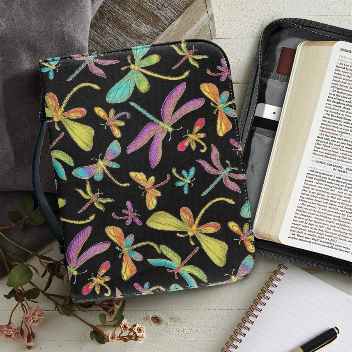 

Women's Bible Bag Christian Church Bible Bag Hot Dragonfly Print Handbags Leather Zippered Handle Bible Storage Bags Custom Gift