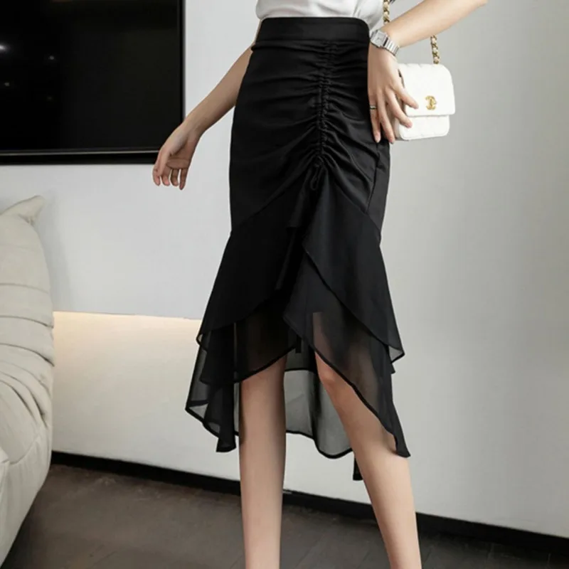 Black Skirt Women Chiffon Elegant Simple Korean Fashion Famous Lady Y2k Midi High Waist Streetwear Hip Wrapped Designed Gentle