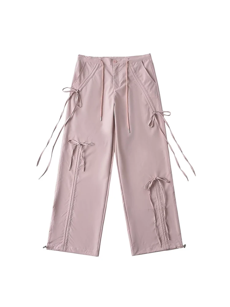 Sweet Cool Spicy  Knot Work Pants Women's Spring Retro Dstring Slimming Loose Casual Straight Leg Wide Leg Pants