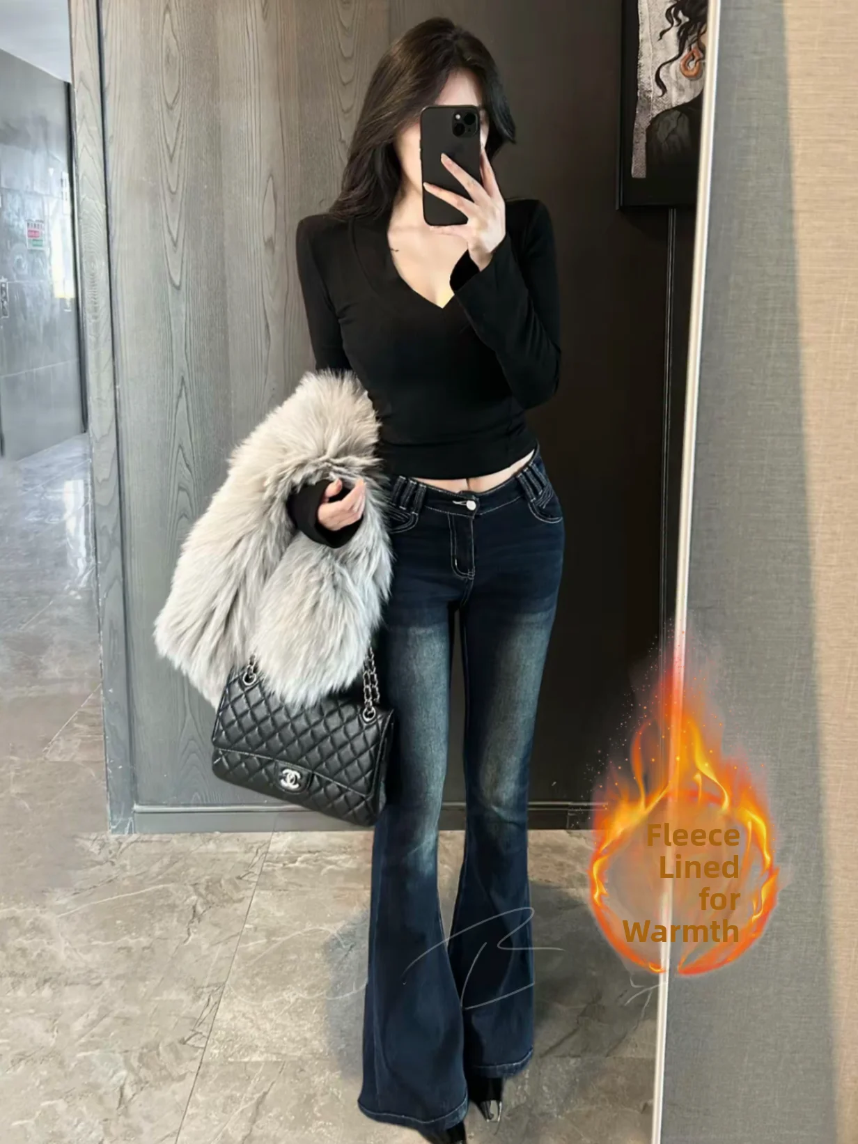 

Ретро американские джинсы-клеш с V-образным поясом, женские теплые выцветшие джинсы с высокой талией из хлопка с эластаном, брюки-буткат