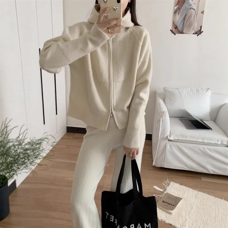 

Hooded Zipper Knitted Cardigan Set Women's Autumn and Winter New Fashion High-end Style Sweater and Wide-leg Pants Two-piece Set