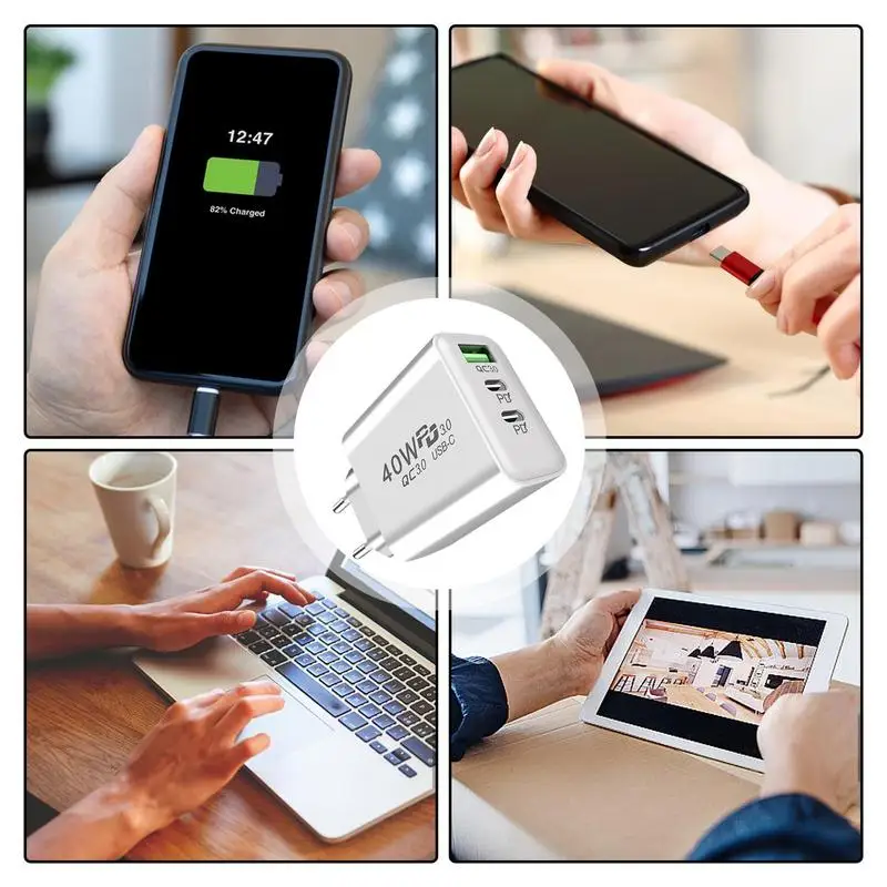 ตัวชาร์จ USB C 40W ปลั๊กที่ชาร์จความเร็วสูง3พอร์ตแบบ USB Type C หัวชาร์จทนไฟ PD อะแดปเตอร์สำหรับธุรกิจ