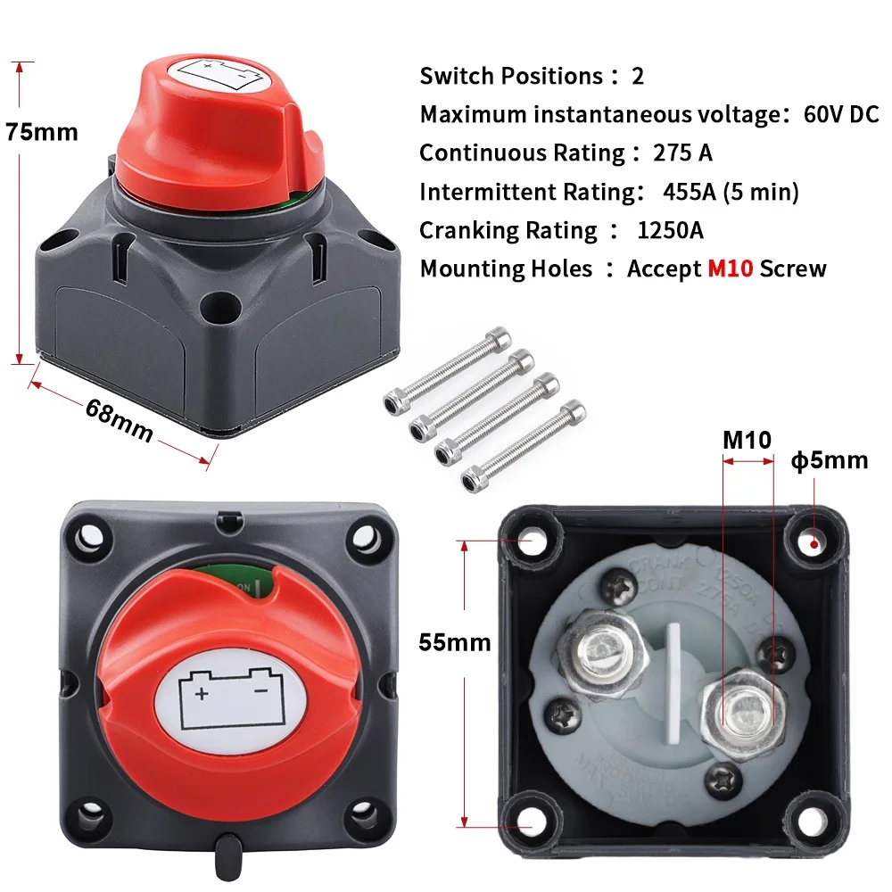 (On/Off) DC 12V-60V 100A-300A Car RV Boat Marine Battery Selector Isolator Disconnect Switch Rotary Cut Battery Circuit Cutter