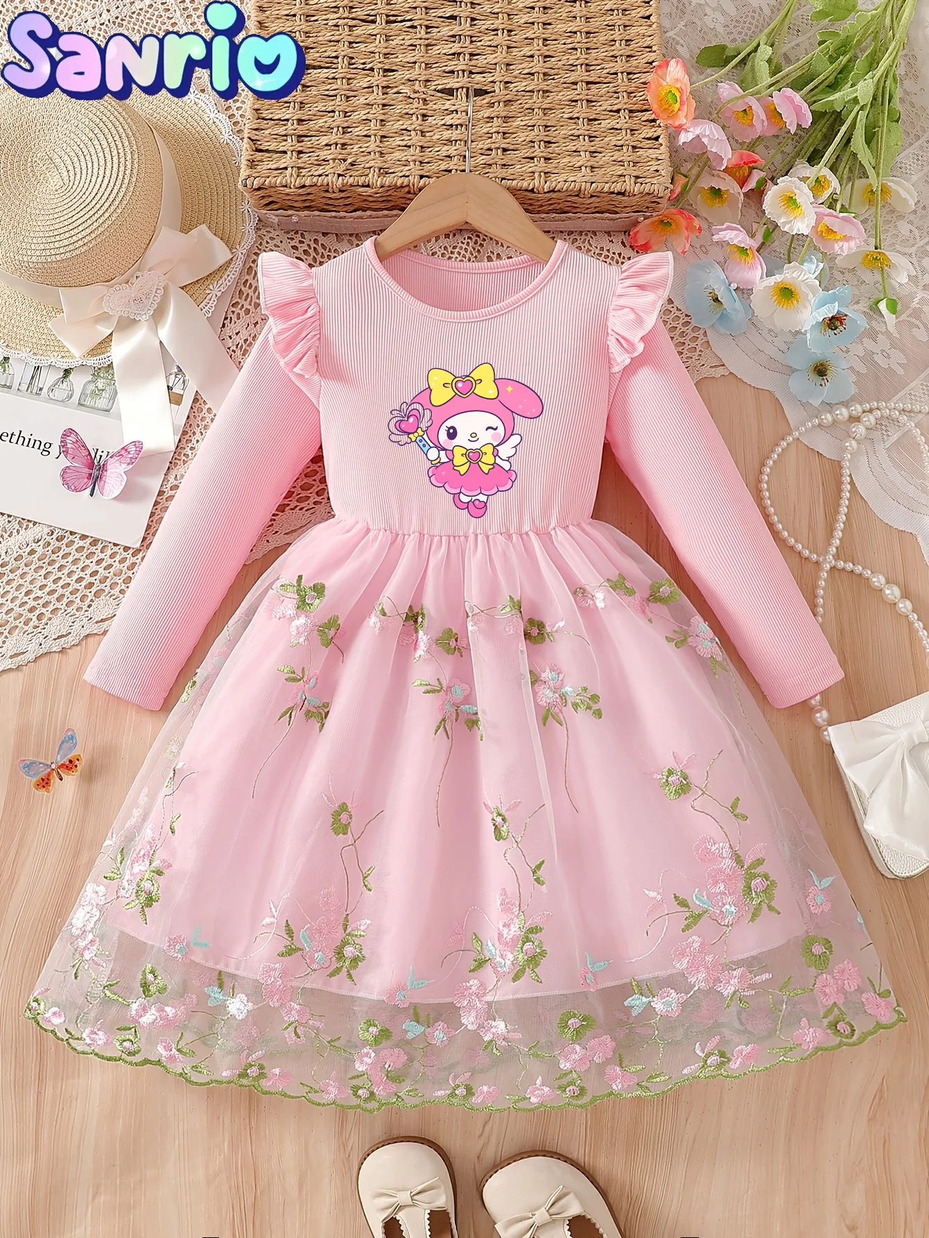 My Melody Kids Dress, Sanrio IP cartoon printed long-sleeve girls' dress with 3D floral tulle