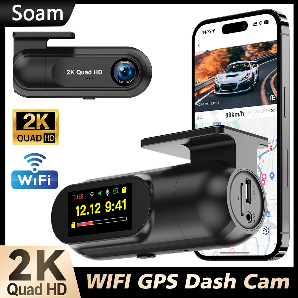 Soam 2.5K Front Dash Cam,Built-in WIFI,G-Sensor,Loop Recording,Night Vision,WDR,24H Parking Mode,GPS module,Support 256GB Max