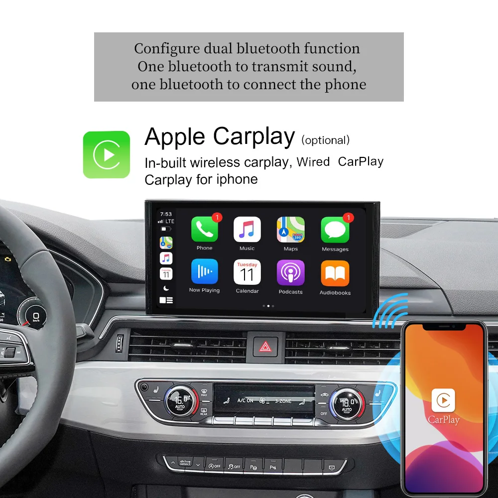 Hualingan Apple CarPlay Android Auto for Audi A4 B9 A5 F5 MIB3 10.1inch MMI Navi touch screen full screen upgrade android13