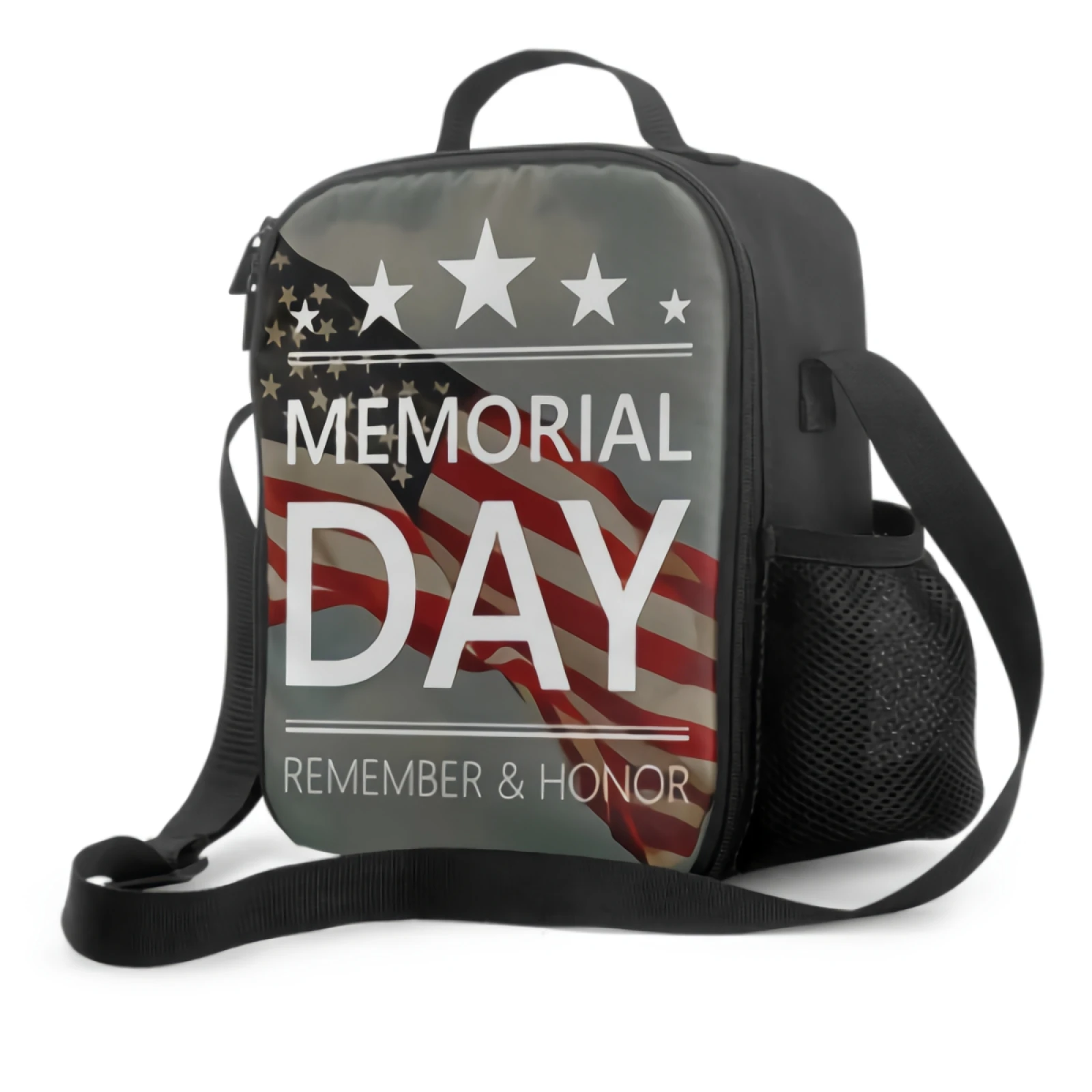 

Usa Memorial Day Insulated Lunch Box Leakproof Portable Lunch Bags with Adjustable Shoulder Strap and Side Pocket Durable