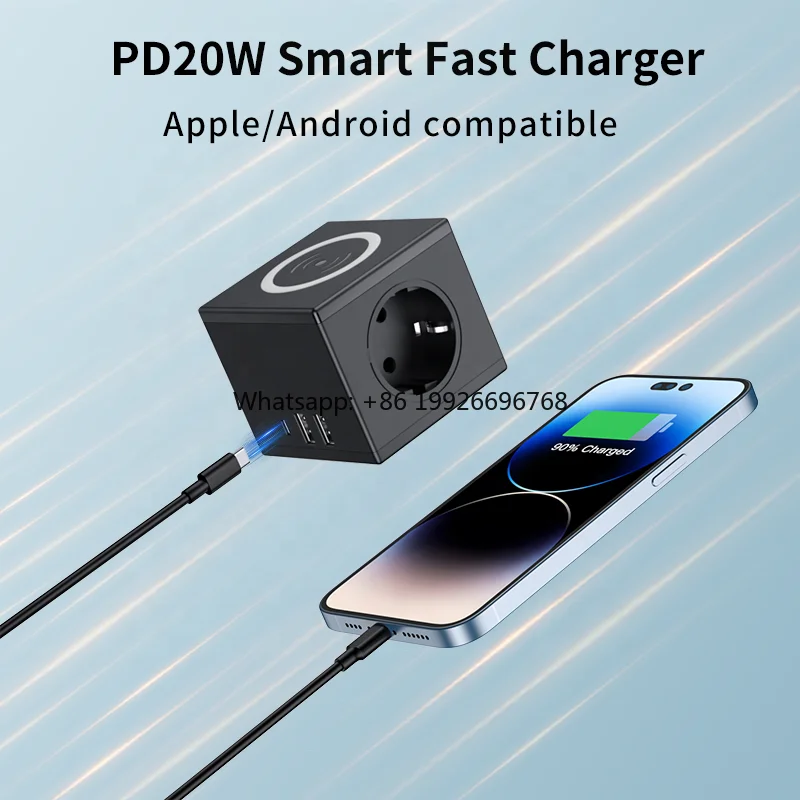 

PD 20W Smart Fast Charger 2 EU Power Outlets 10W Wireless Charging Cube Multifunctional Power Socket with USB factory