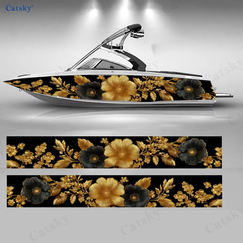 

Golden Core Blossoms on Dark Night Boat Stickers, PVC Waterproof Vinyl Wrap Decals for Fishing Boats, Durable and Stylish Design