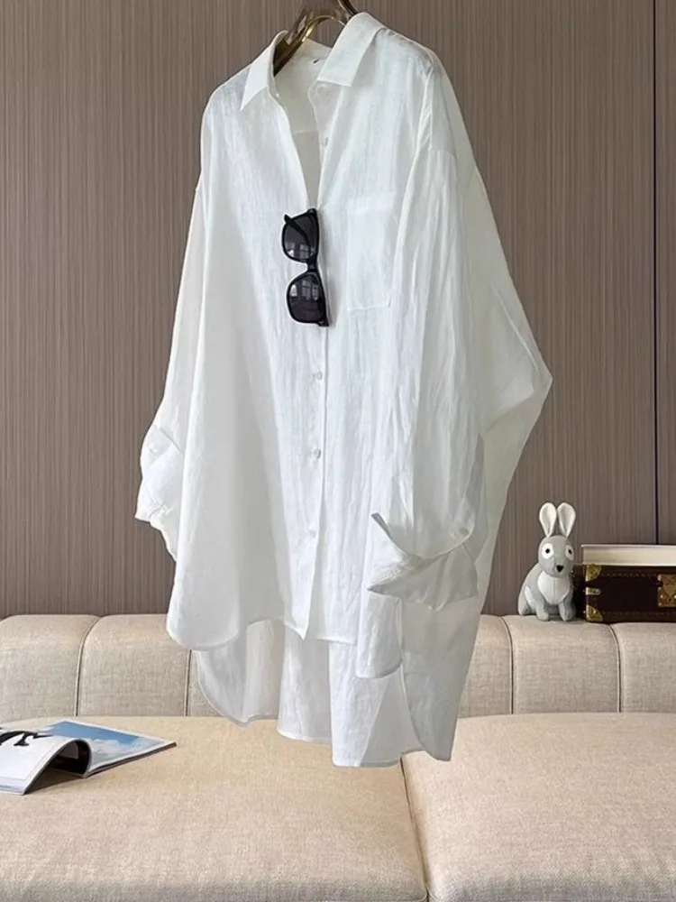 Modna lniana długa koszula chroniąca przed słońcem, damska letnia cienka luźna codzienna odzież wierzchnia, koreańska luźna koszula zapinana na guziki.