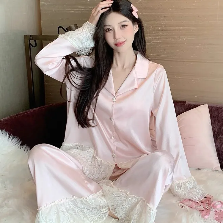Spring and Autumn satin new style temperament ice lace lace lace silk light luxury sleepwear women's home clothes outside sweet