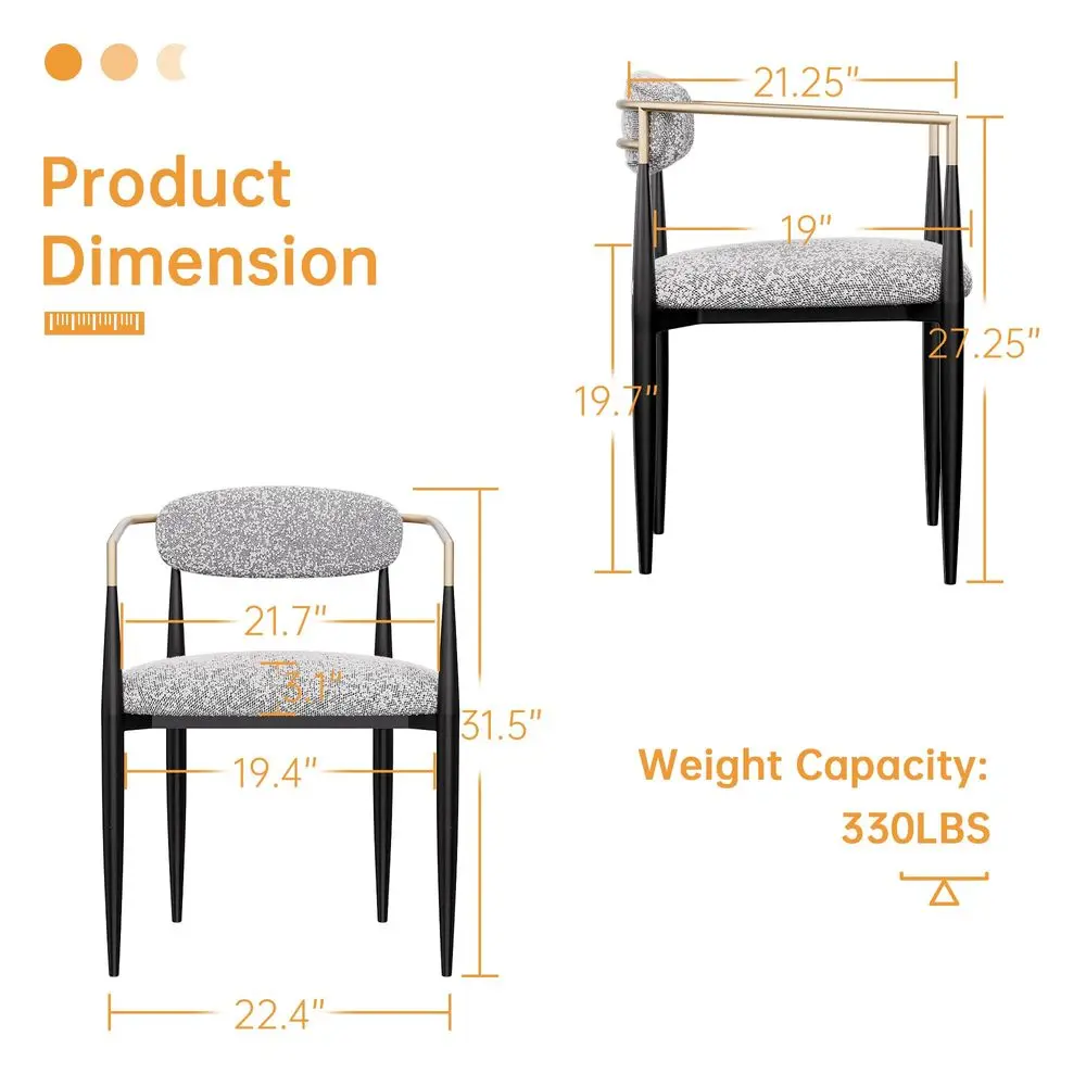 

Modern Boucle Dining Chairs Set of 2, Grey Upholstered Dining Chairs with Black Metal Legs and Gold Armrest, Accent Chairs for