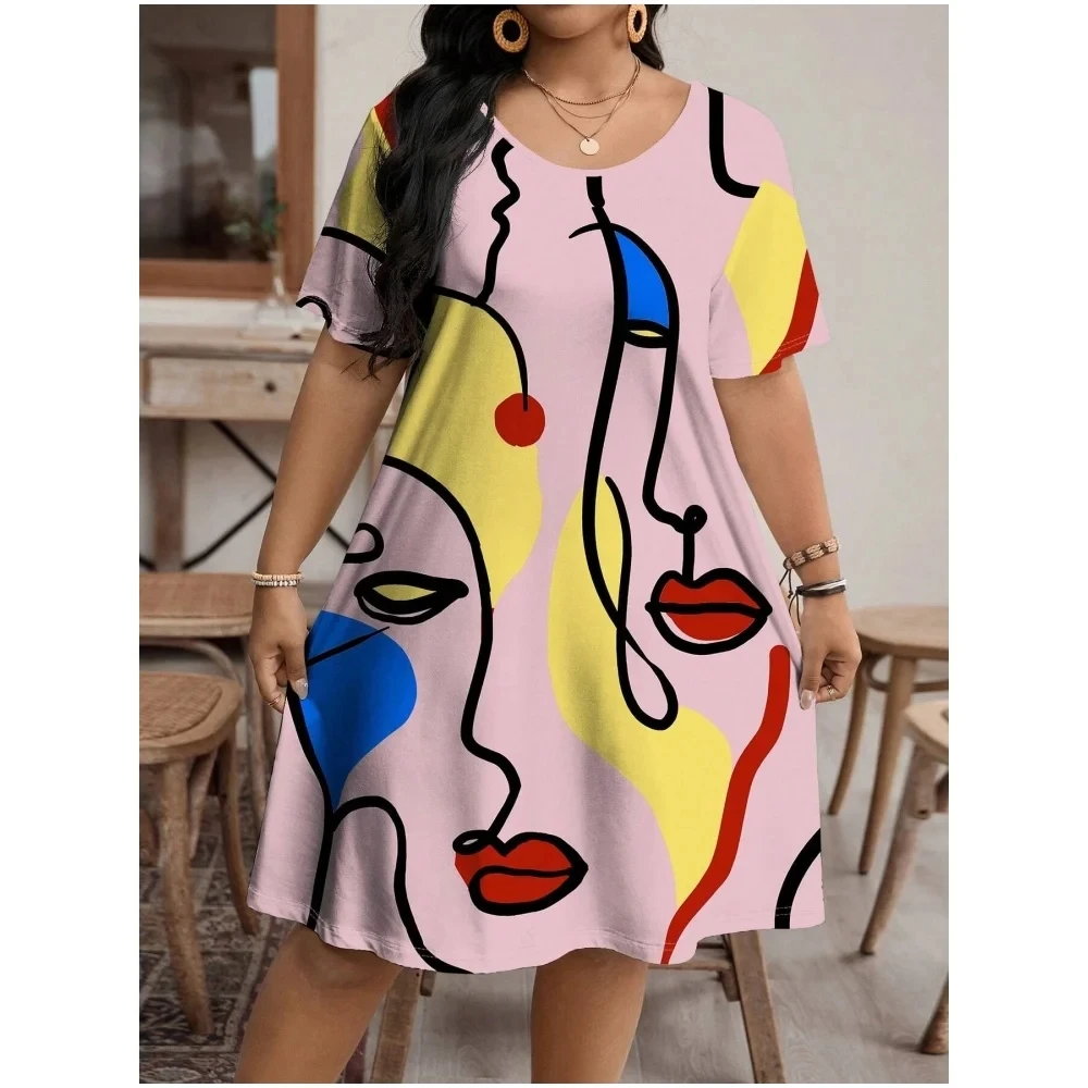 2024 Fashion Women Dress Painted Art Face Streetwear Pattern Print Summer Dress Casual Short Sleeve Loose Dresses Plus Size 9XL