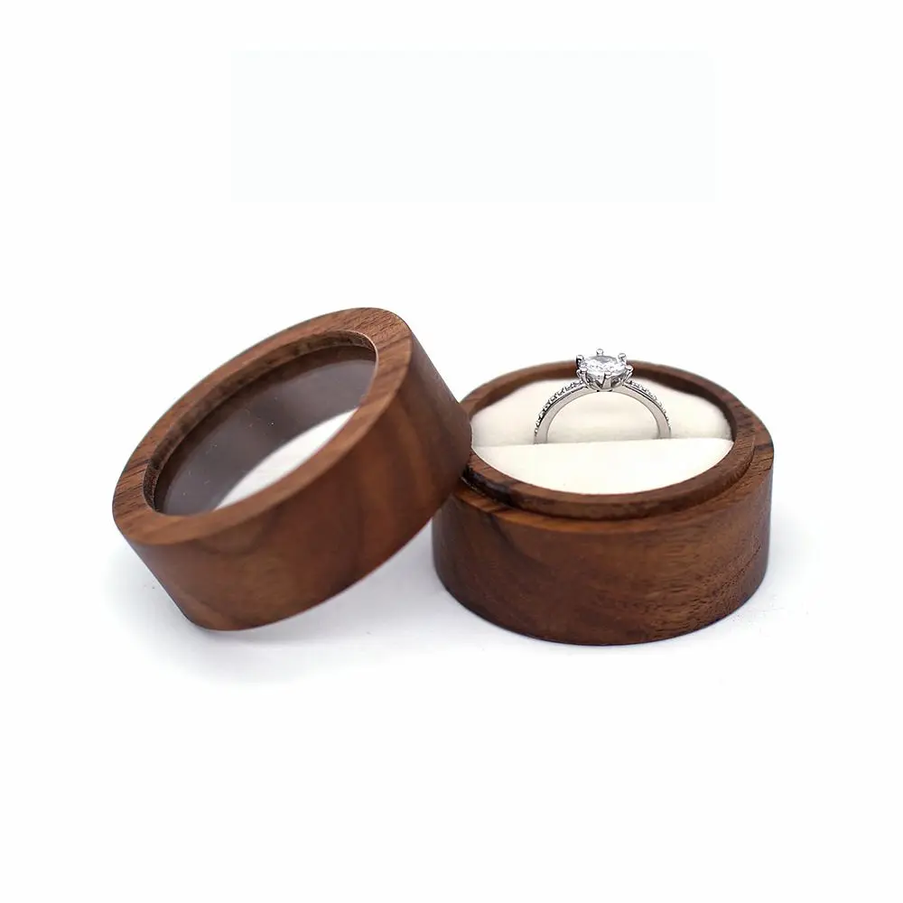 Wooden Round Jewelry Box Case Earrings Organizer Gift Engagement Ceremony Ring Box Storage Box Ring Bearer Box Presentation Box