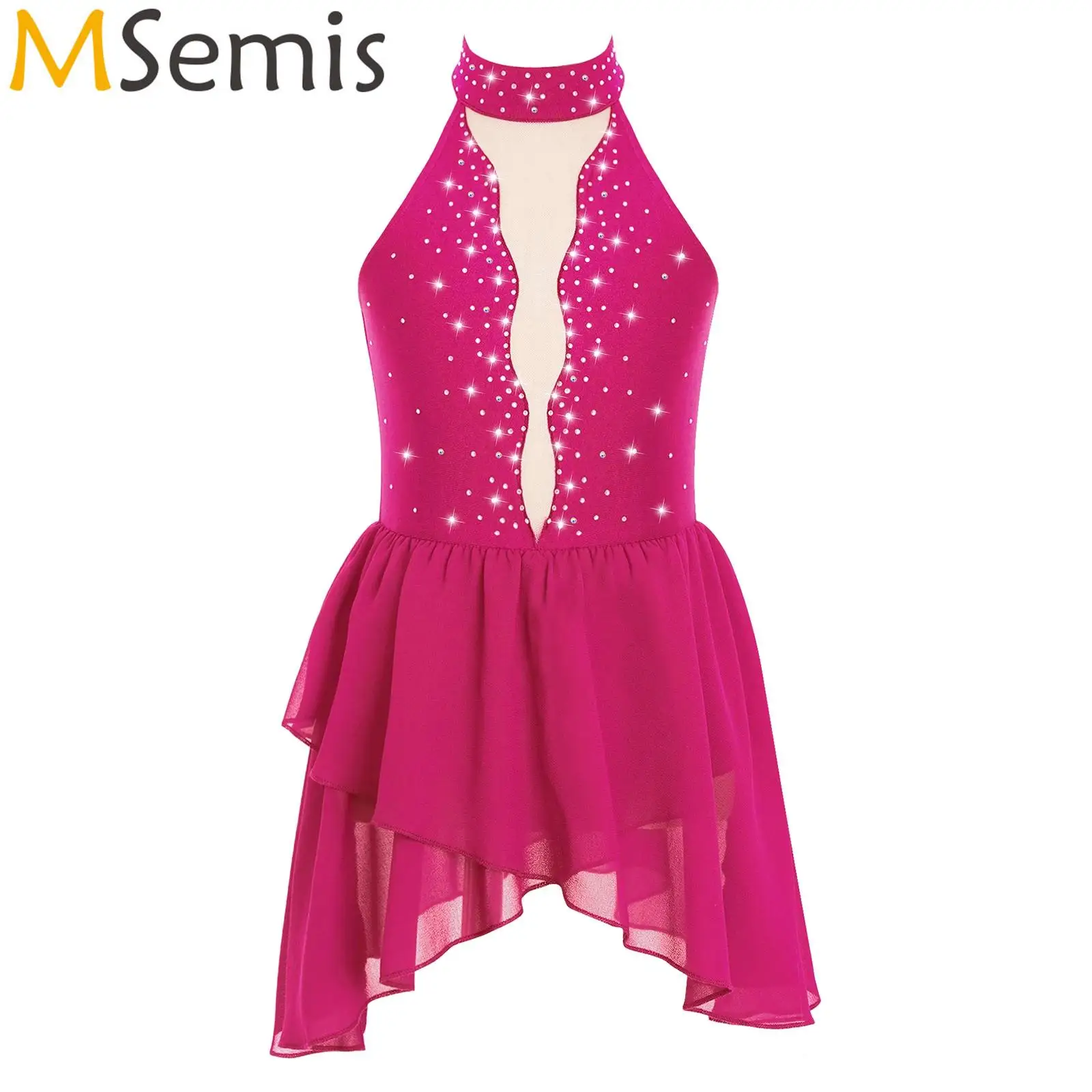 Kids Girls Rhinestone Ballet Lyrical Dress Sheer Mesh Irregular Hem Dress Artistic Figure Skating Rhythm Gymnastics Costume