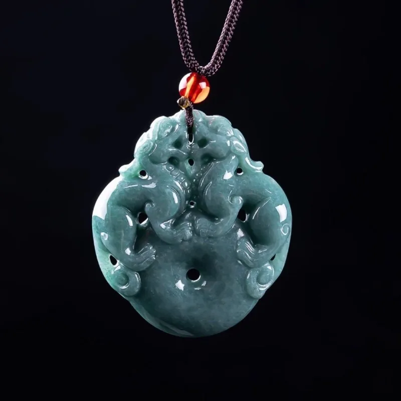 

Jade Double Pixiu Safety Buckle Pendant with Rolling Wealth, Ice Pendant for Men and Women