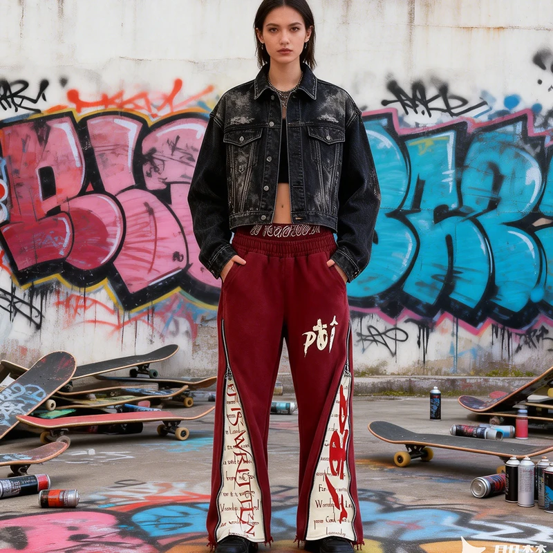 Winter Retro Trend Letter Print Contrasting Splicing Double Waisted Side Zipper Long Pants American High Street Men's Women's