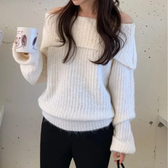 Lockerer langer Sve Oulder Bared Strickpullover Damen SLE Korean Lazy Faion Frühling Herbst 2026 Damen Faion Trend
