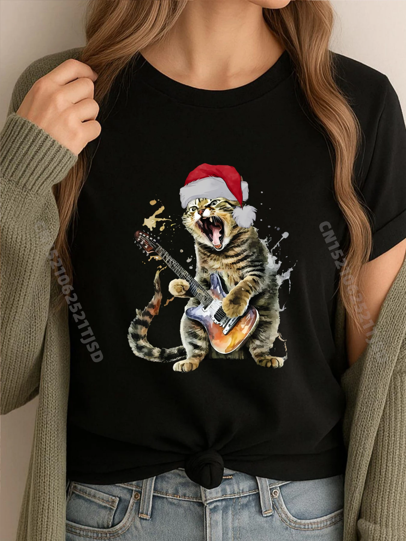 

Christmas Cat Playing Guitar Musician Band Cat Lover Harajuku Autumn Short Sleeve Tee Vegan