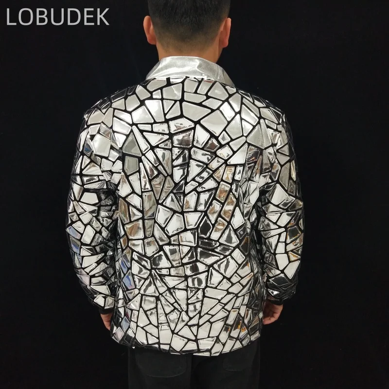 Silver Mirror Jacket Casual Sequins Coat Male Singer Star Stage Performance Costume Long Sleeve Slim