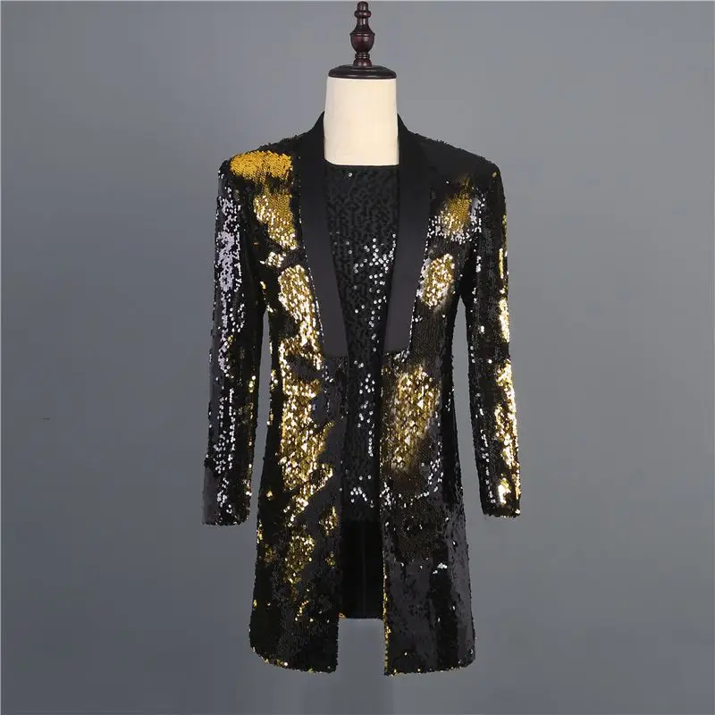 

Men's Double-color Flip Sequins Suit Jackets Stage Costume Glitter Long Coat Nightclub Bar Singer Presenter Sequined Blazers