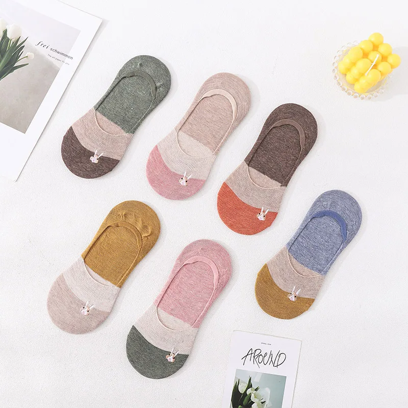 Women Socks Summer Harajuku Embroidered Ladies Boat Sock Striped Casual Cartoon Rabbit Female Breathable Invisible Socks