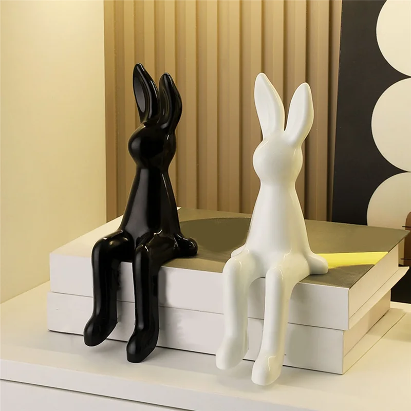 ABFU-Long Eared Cute Sitting Bunny Statue Decor Room Figurine For Desk Bookshelf Gift For Friends