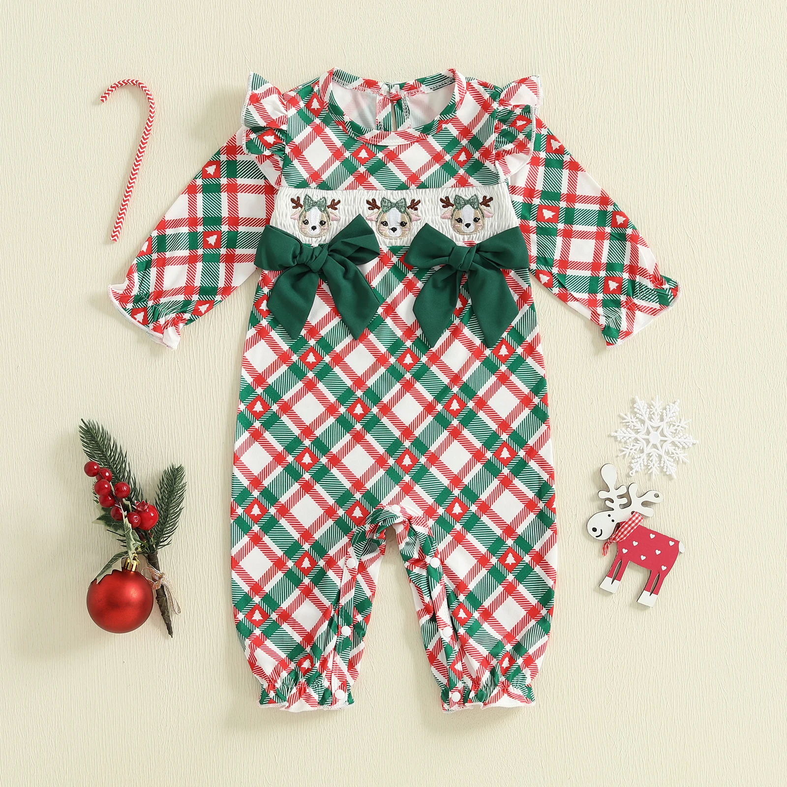 

Baby Girls Jumpsuit, Long Sleeve Crew Neck Plaid Embroidery Elk Romper Christmas Clothes