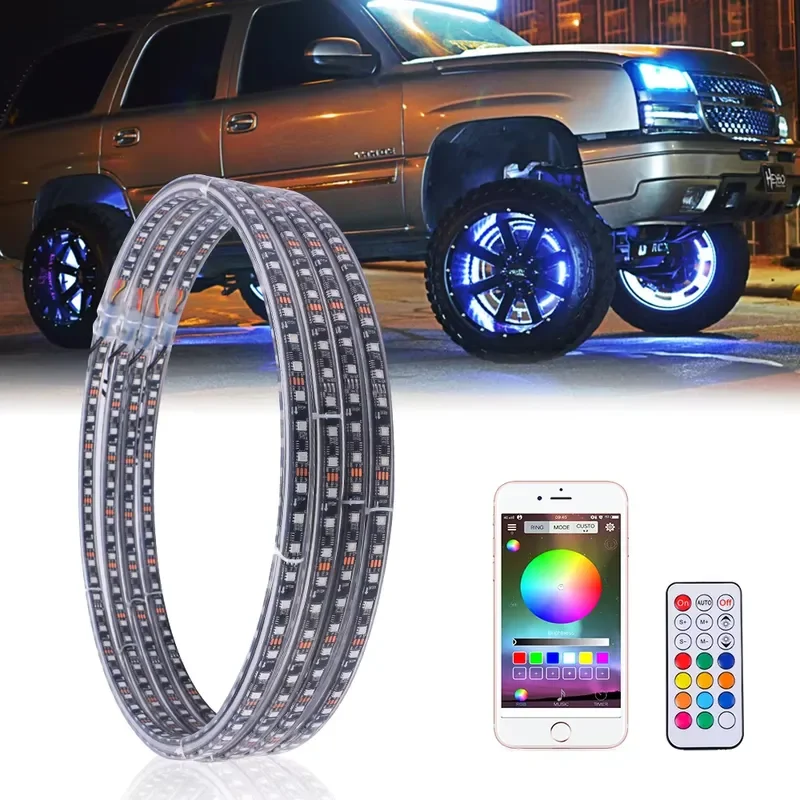 US Stock Car Accessories 14 15.5 17 Inch Wheel Ring Light Kit RGB Chasing Color APP Control LED Illuminated Wheel Ring for