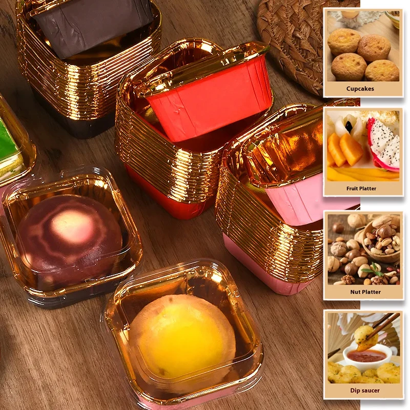 

50PCS Brown Letters Muffin Cupcake Paper Cups with Lid Square Cupcake Liner Baking Muffin Box Cup Case Tray Birthday Cake Decor