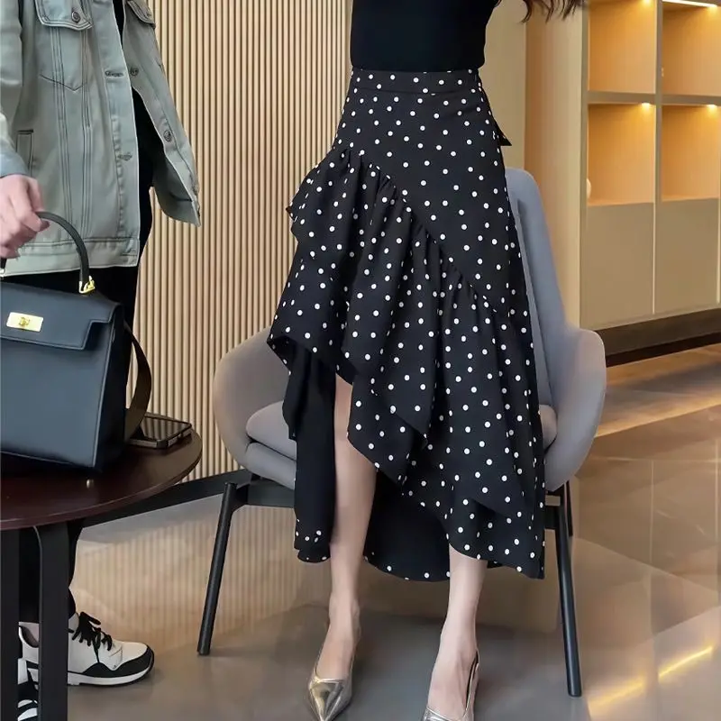 

New Ruffle polka dot Irregular Skirt Women Summer French Fashion Design Slim A-line Patchwork Party Skirts Elegnat Jupe