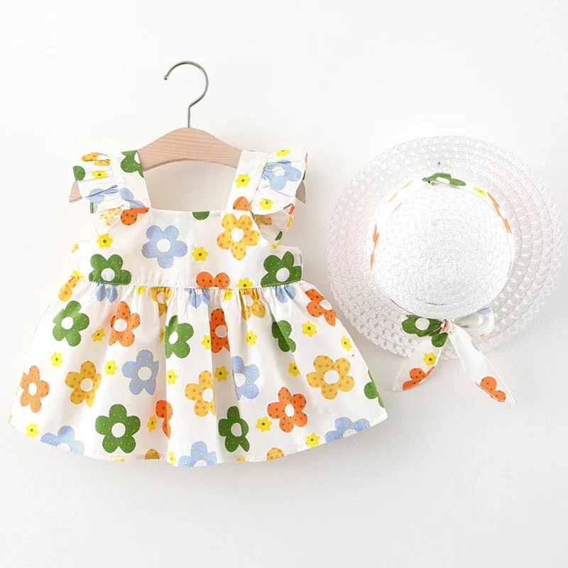 New In Baby Girl Summer Outfits Korean Cute Flowers Sleeveless Cotton Print Kids Dresses+Sunhat Princess Dress For Kids BC015