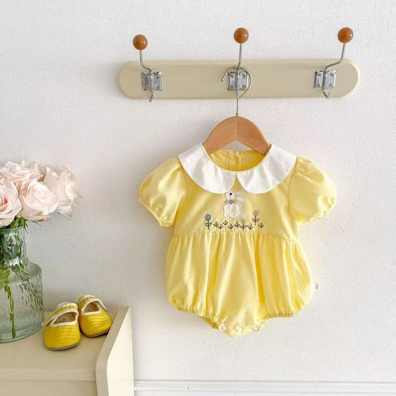 

Summer 0 - 2Y Baby Girl High Cotton Content Embroidered Bunny Flowers Romper Sweet Bright Yellow Puff Sleeve Peter Pan Bodysuit