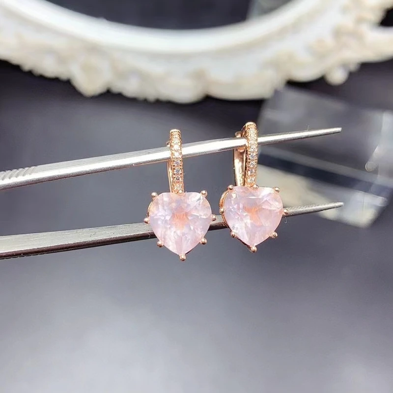 

Romantic 925 Silver Heart Gemstone Drop Earrings for Wedding 10mm Total 8ct Natural Rose Quartz Earrings Allergy Free