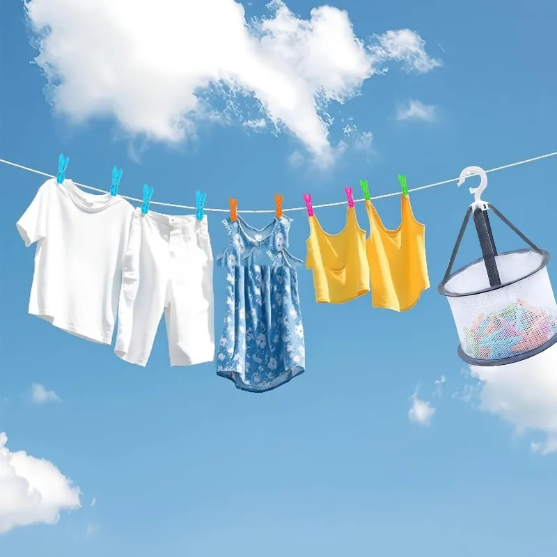 Buntes Wäscheklammern-Set aus Kunststoff mit Aufbewahrungskorb, langlebige Wäscheklammern zum Aufhängen von Kleidung im Freien, drinnen und zu Hause – Detail 5