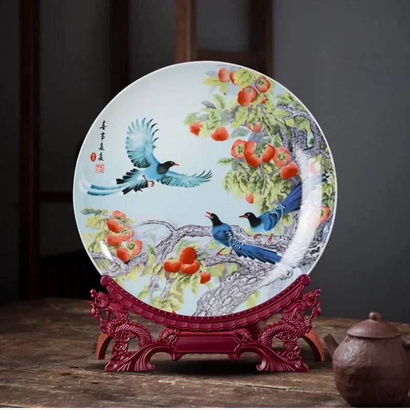 Jingdezhen-Ceramic Hanging Plate Home Decoration Living Room Wine Cabinet Craft Ornaments Exquisite Painting Versatile with Base