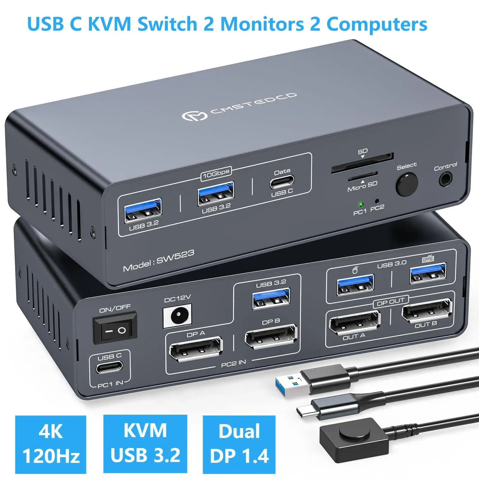 USB 3.2 USB C Displayport KVM Switch 4K@120Hz 1 Laptop 1 Destop Dual Monitor Type C ThunderBolt 3 KVM Switch for Macbook 2 PC