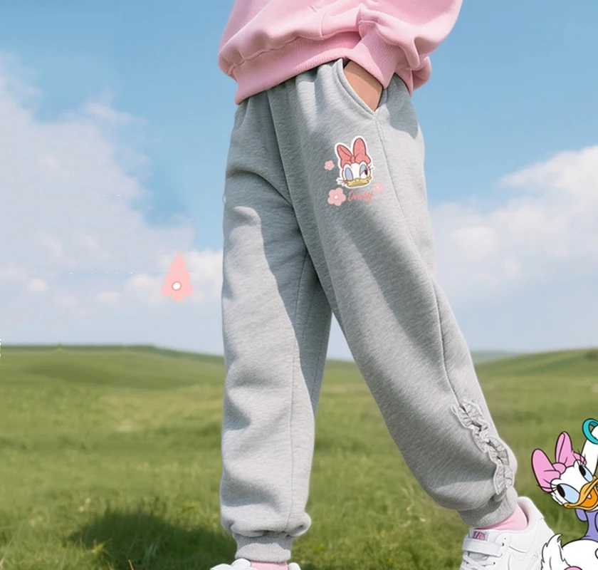 

Брюки для девочек Disney, милые спортивные штаны с эластичной резинкой на талии и принтом ромашки, серые повседневные брюки с мягкими рюшами, новинка весны и осени 2023 г.